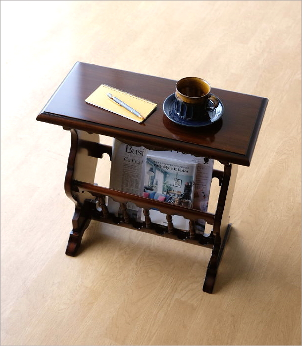 マガジンラック 木製 マホガニー 無垢材 スリム おしゃれ テーブル付き