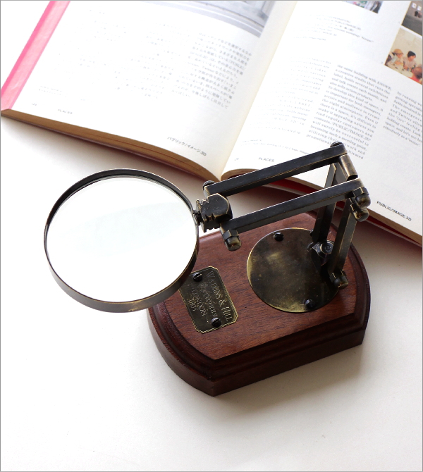 拡大鏡 スタンドルーペ 真鍮 木製 卓上 置き型 角度調整 虫眼鏡