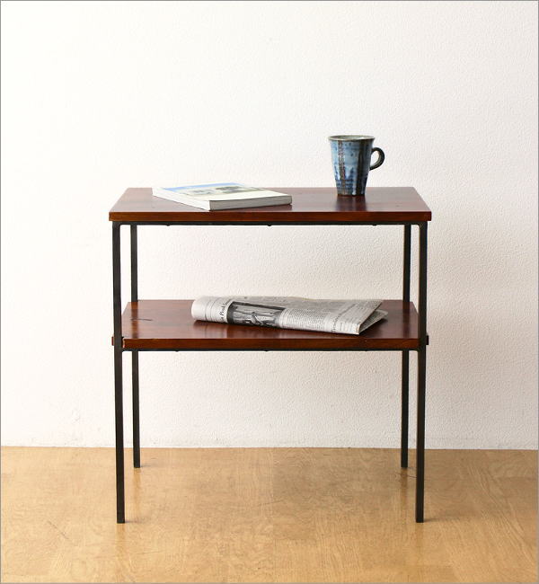 サイドテーブル 木製 アイアン 棚付き 天然木 無垢材 鉄脚 アカシア