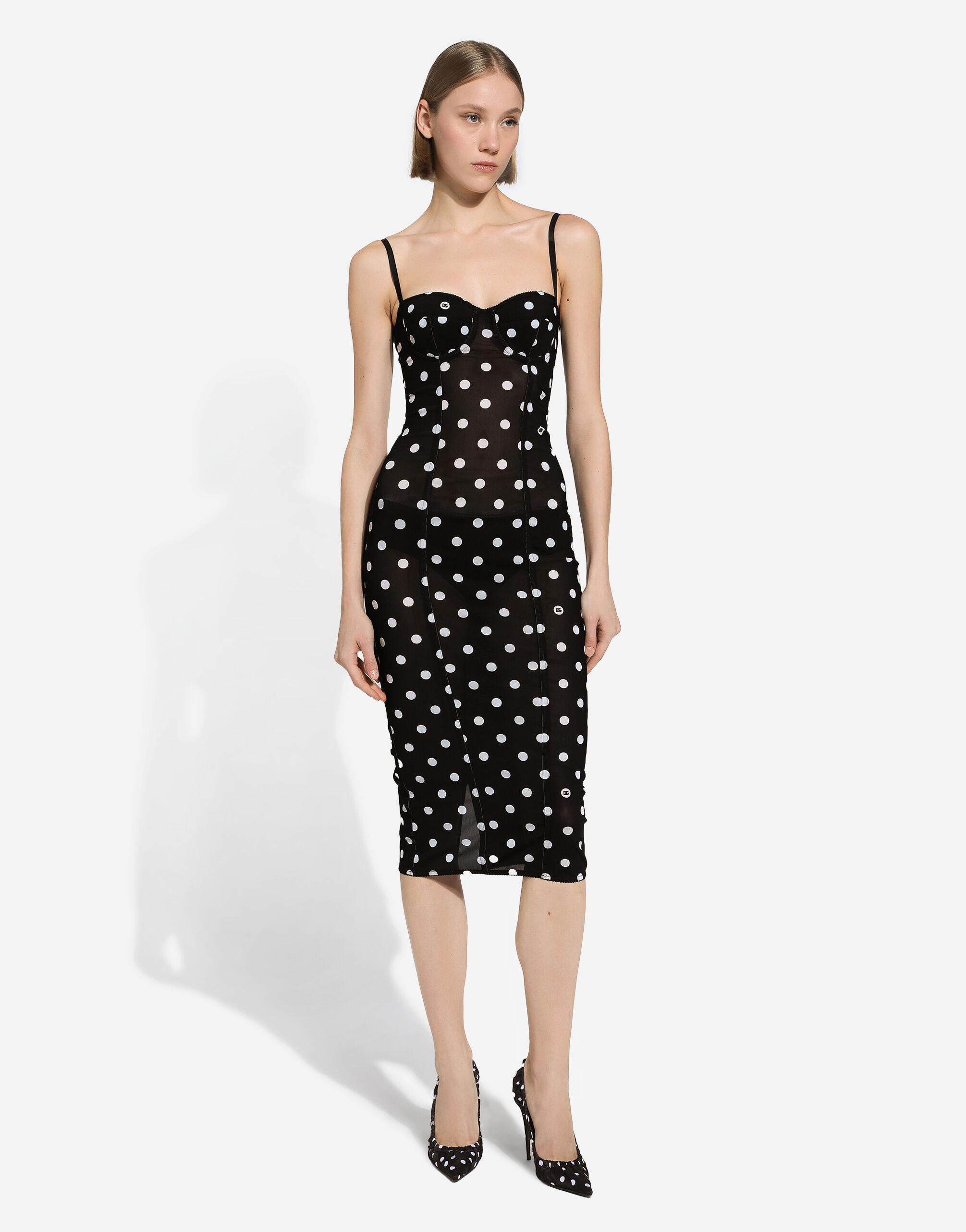 Marquisette sheath dress with polka-dot print and corset details