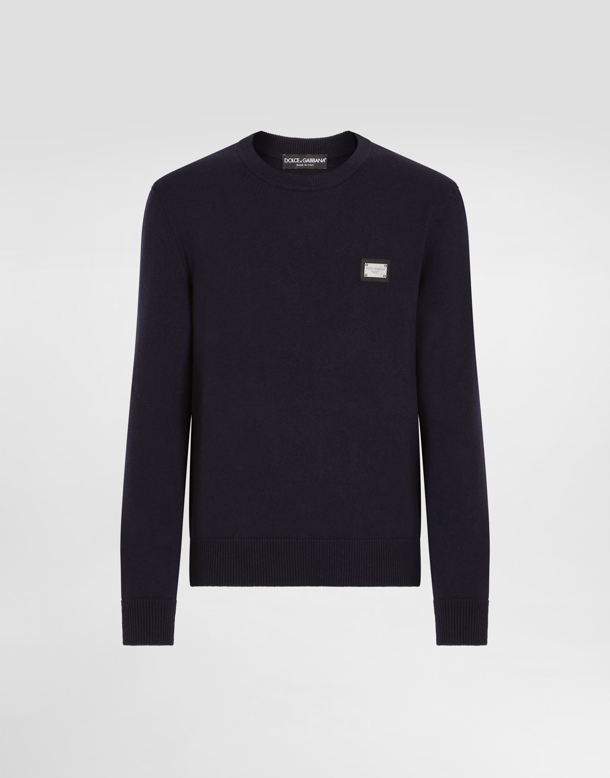 Wool round-neck sweater with branded tag in Blue for Men