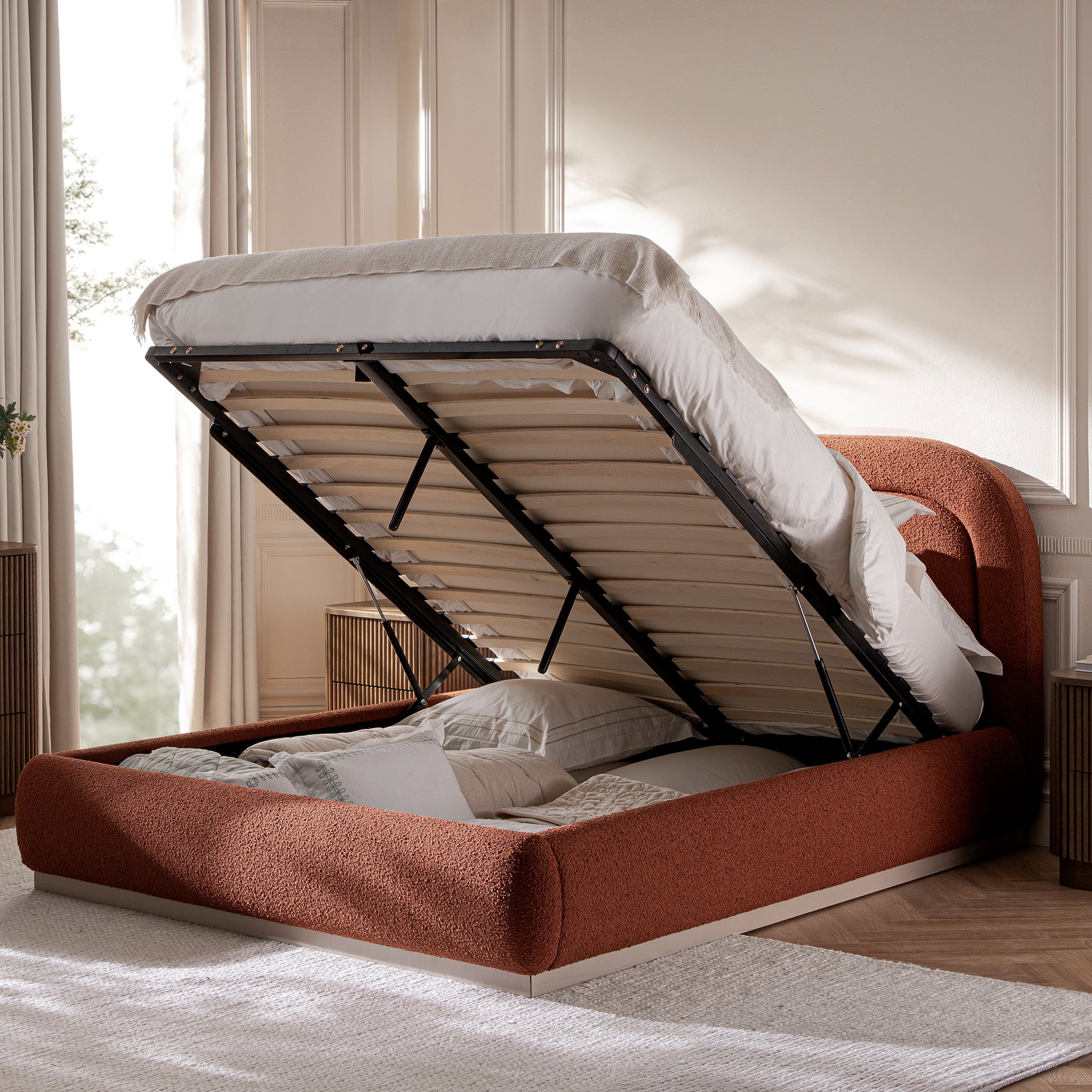 Luella Upholstered Wooden Plinth Base Storage Bed, Rust Boucle | daals