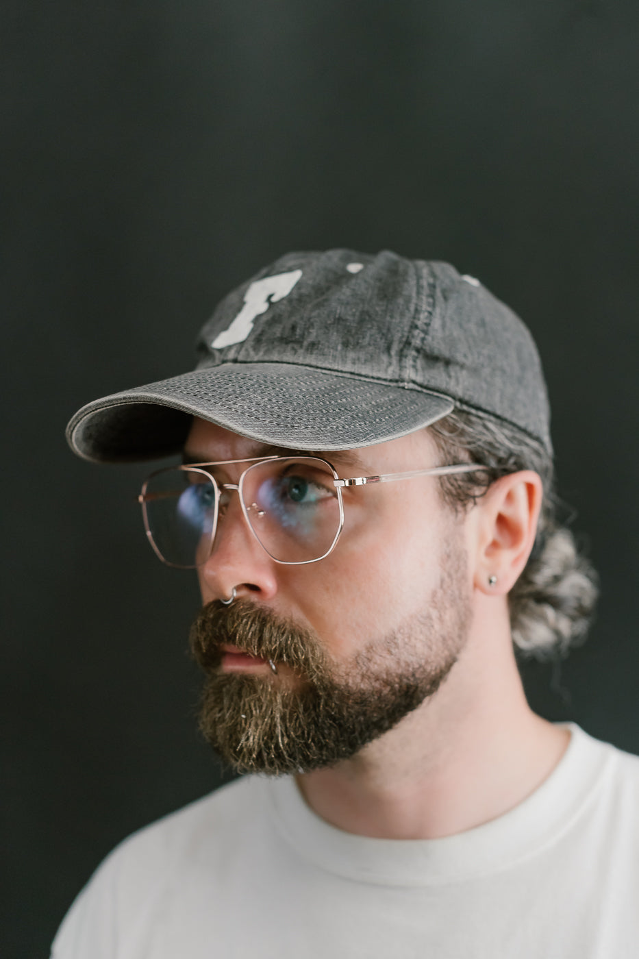 6843HW - 6 Panel Denim Baseball Cap 'F' Patch - Black Vintage Wash