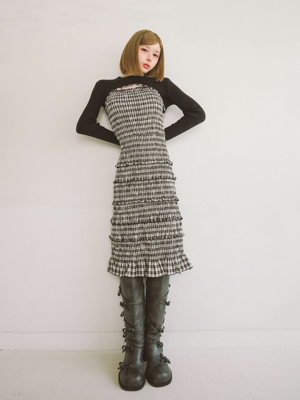 ニットレイヤードチェックミディワンピース – Darich (ダーリッチ)