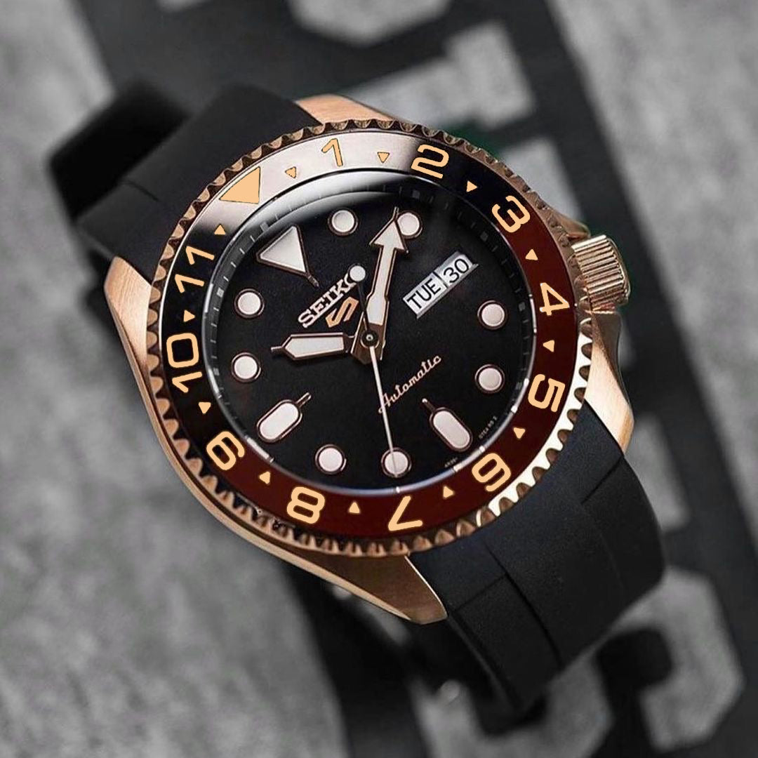 Ceramic Insert - 007 Dual Time Root Beer X Rose Gold - DLW WATCHES