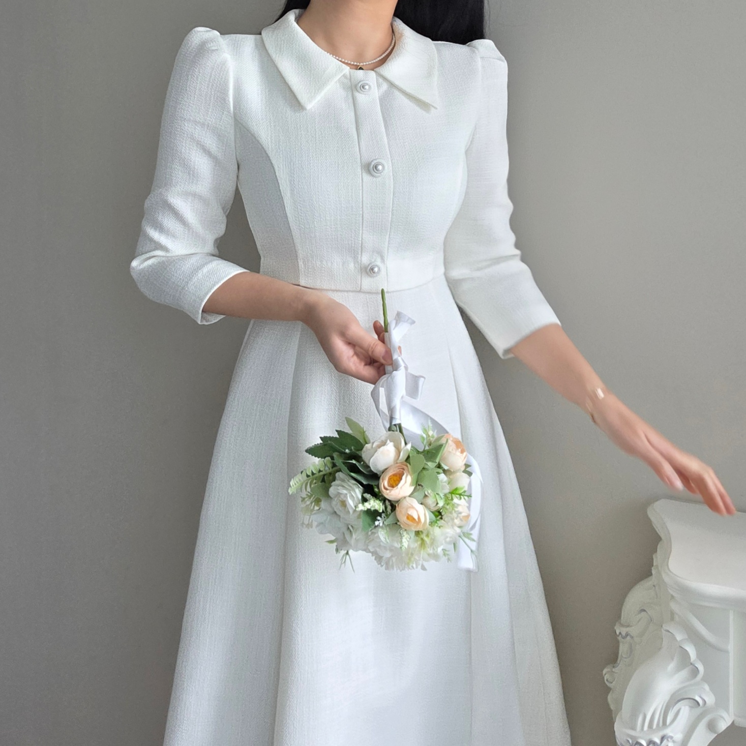 パール調ボタンカラー7分袖ツイードAラインワンピース | レディース