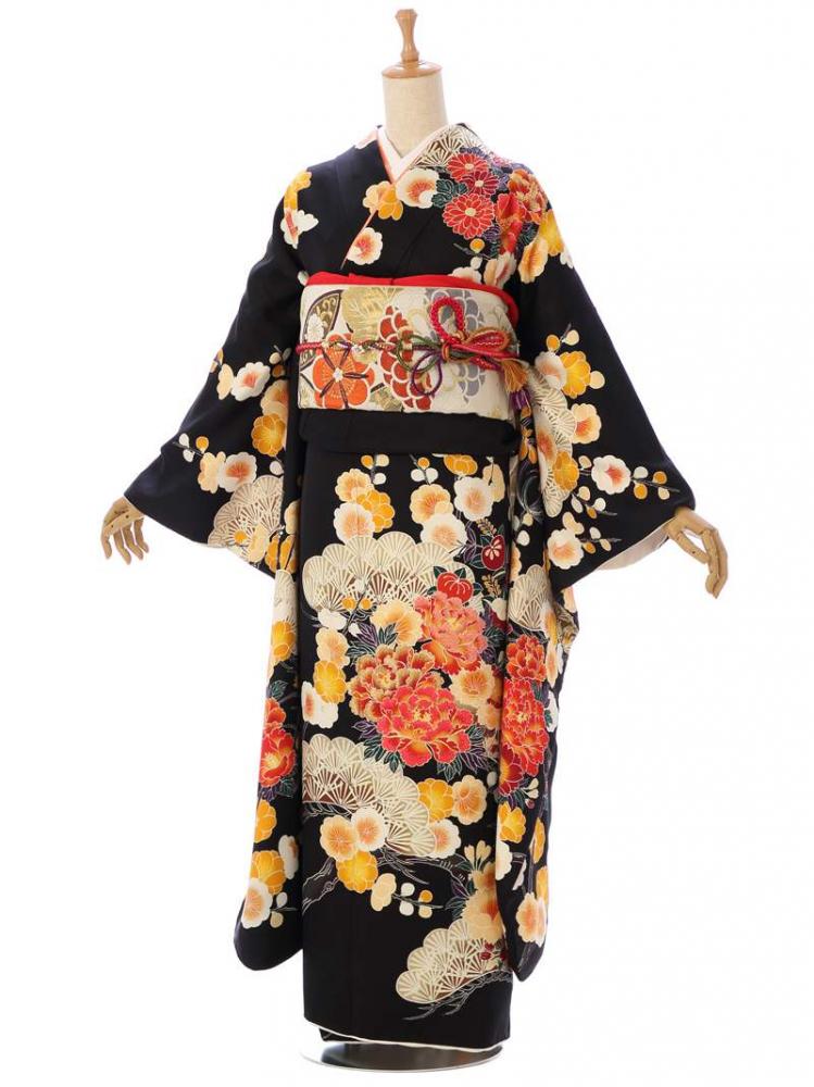 振袖|黒系| 牡丹 |8S257|対応身長:158-168cm|ｻｲｽﾞ:21号-29号｜全国宅配