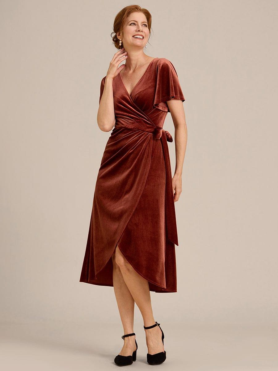 One Piece Short Sleeves V Neck Velvet Midi Mother of the Bride
