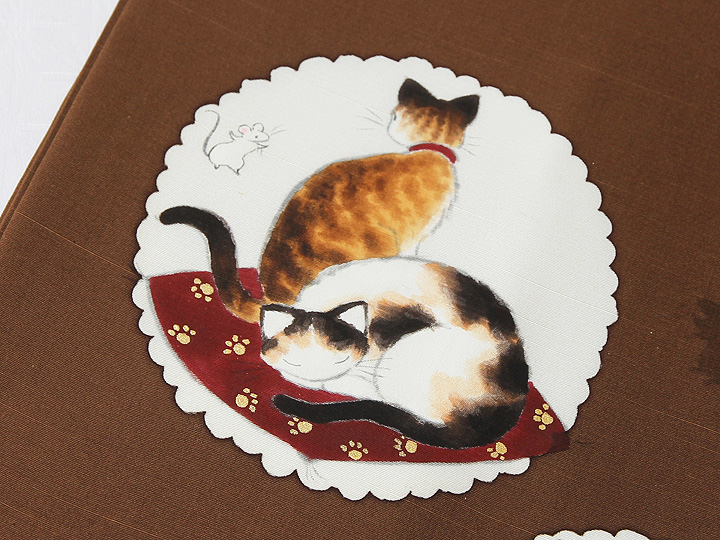 手描き友禅 名古屋帯 猫とネズミ＜焦茶＞｜京都の着物和装小物 ゑり正