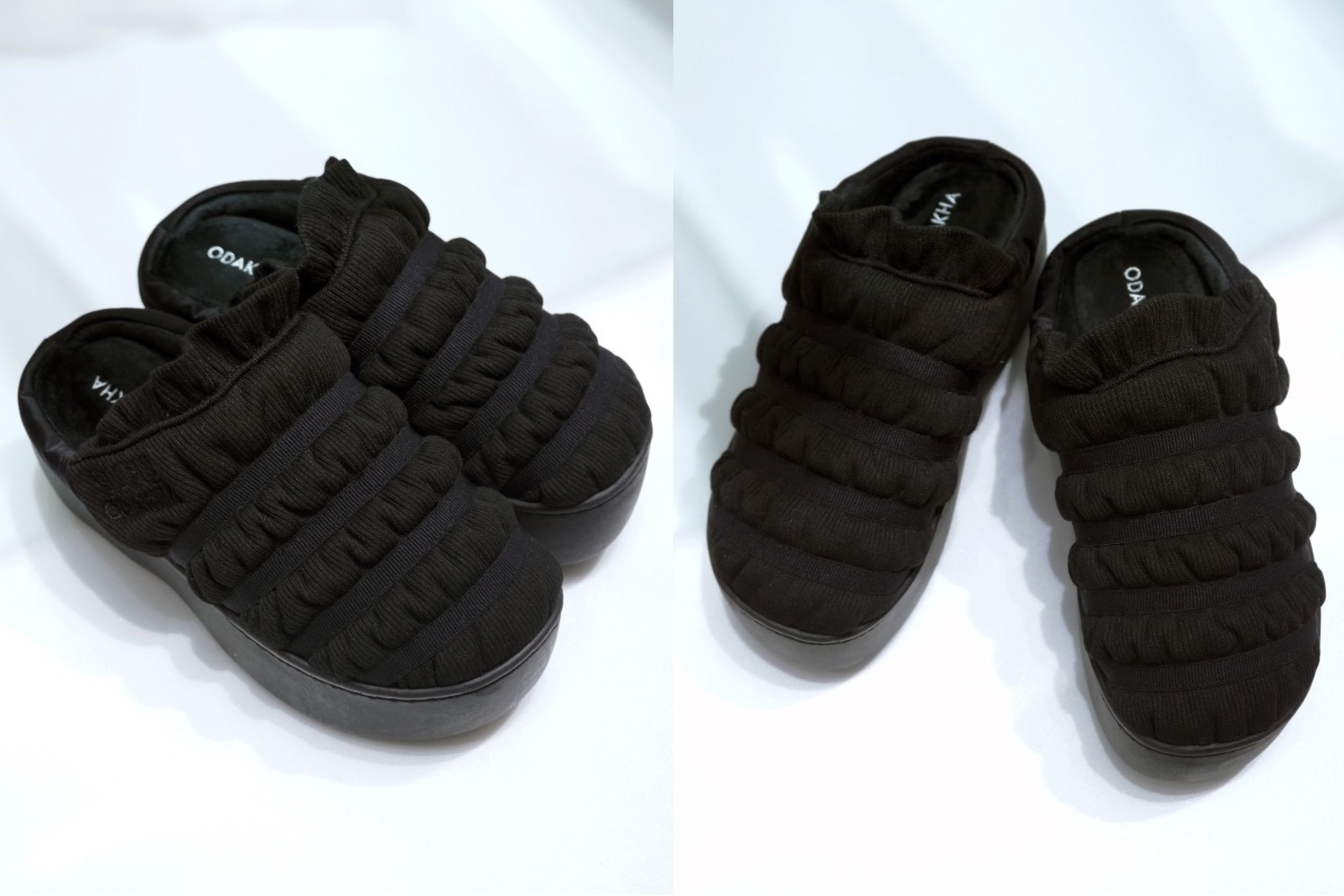 オダカ×スブの厚底サンダル、“ギャザー＆フレアーニット”着想のリボン