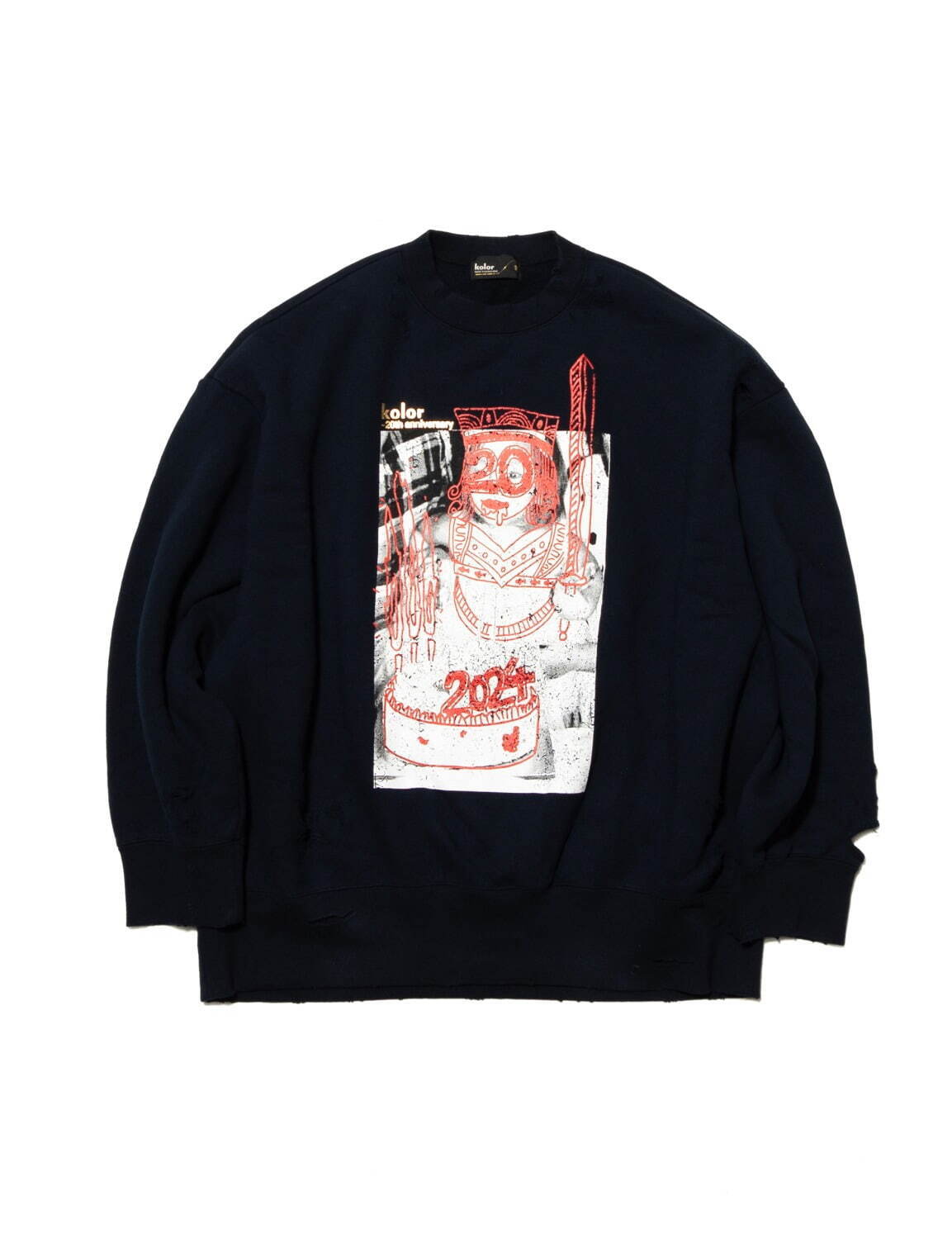 カラー”手書き”グラフィックのダメージスウェット、ロゴプリントの