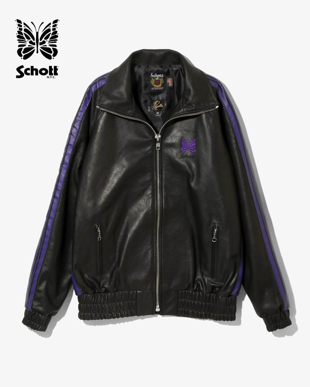 ニードルズ×ショットの初コラボ、パープル刺繍入り全面ブラックレザー