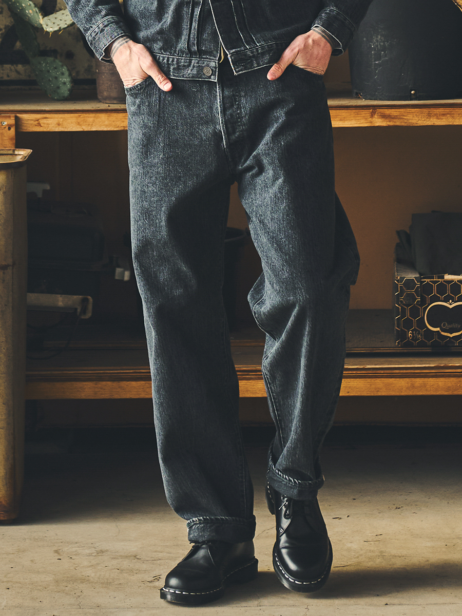 12.5oz ワイドテーパード 加工ブラックデニムパンツ FN-PA-DB003C