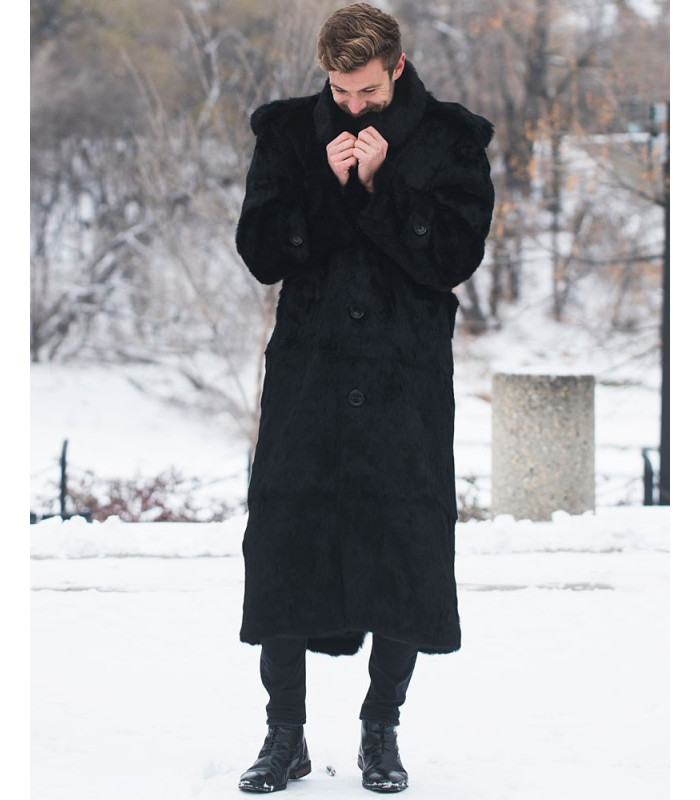 Donald Black Rabbit Full Length Overcoat For Men: FurHatWorld.com