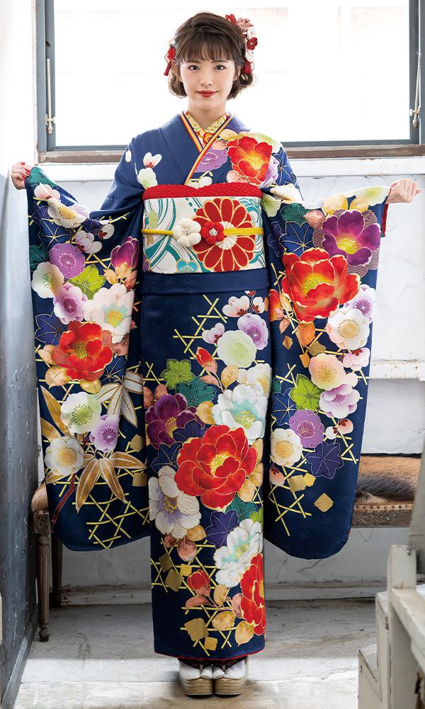 花紺と真っ赤な椿/青|レトロ＆ロマン【菊京屋】