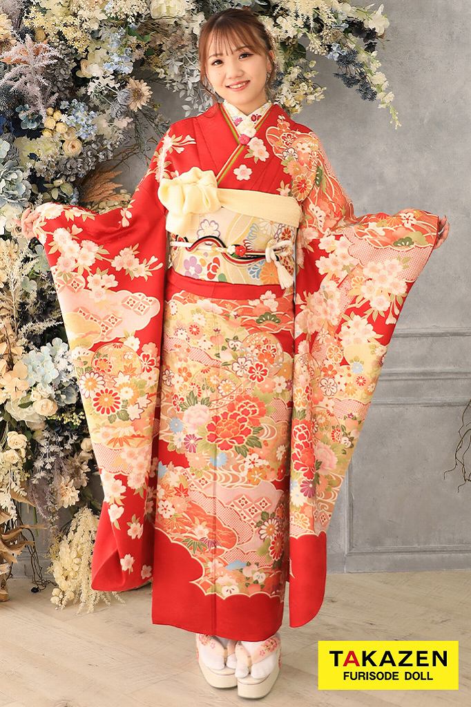 安い 正統派古典 赤/ゴールド(金色) 牡丹柄 人気 定番 可愛い古典振袖