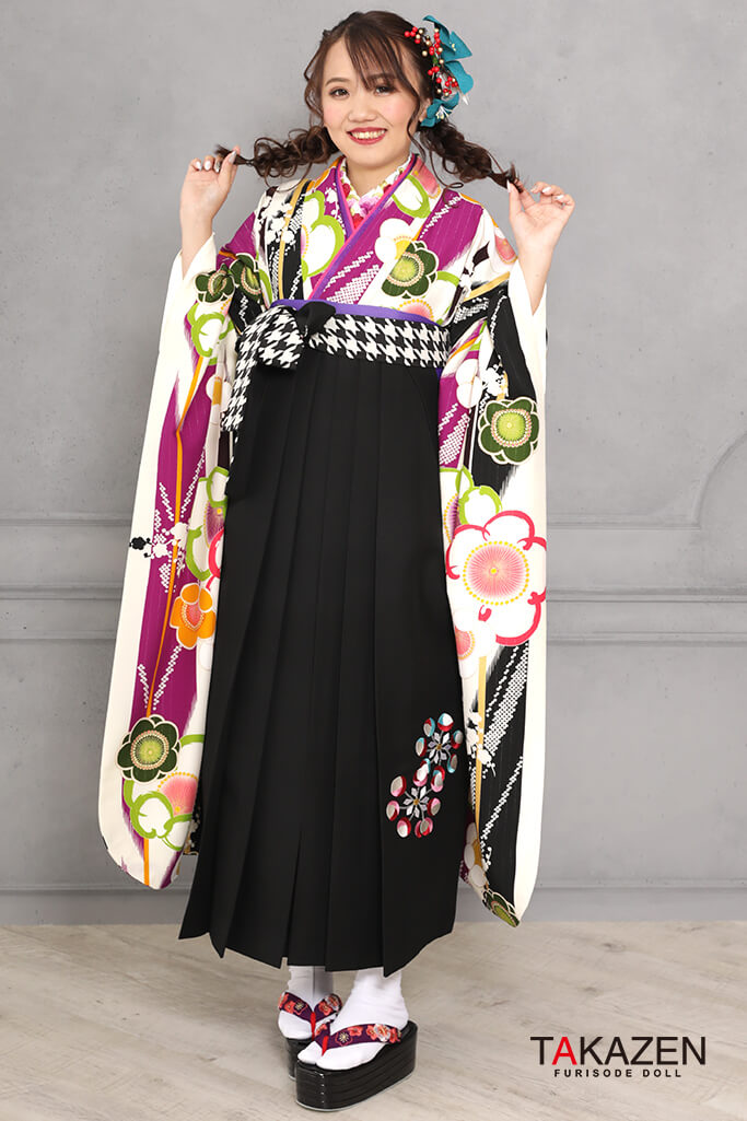 個性派レトロ 白/黒/紫 大正ロマン袴ネットレンタル(かわいいサクラ柄