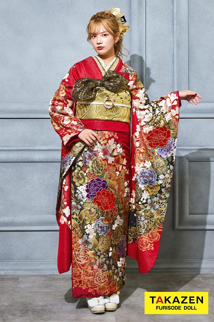 激安モード系 赤 牡丹柄 桂由美デザイン振袖 かっこいい セクシー 派手