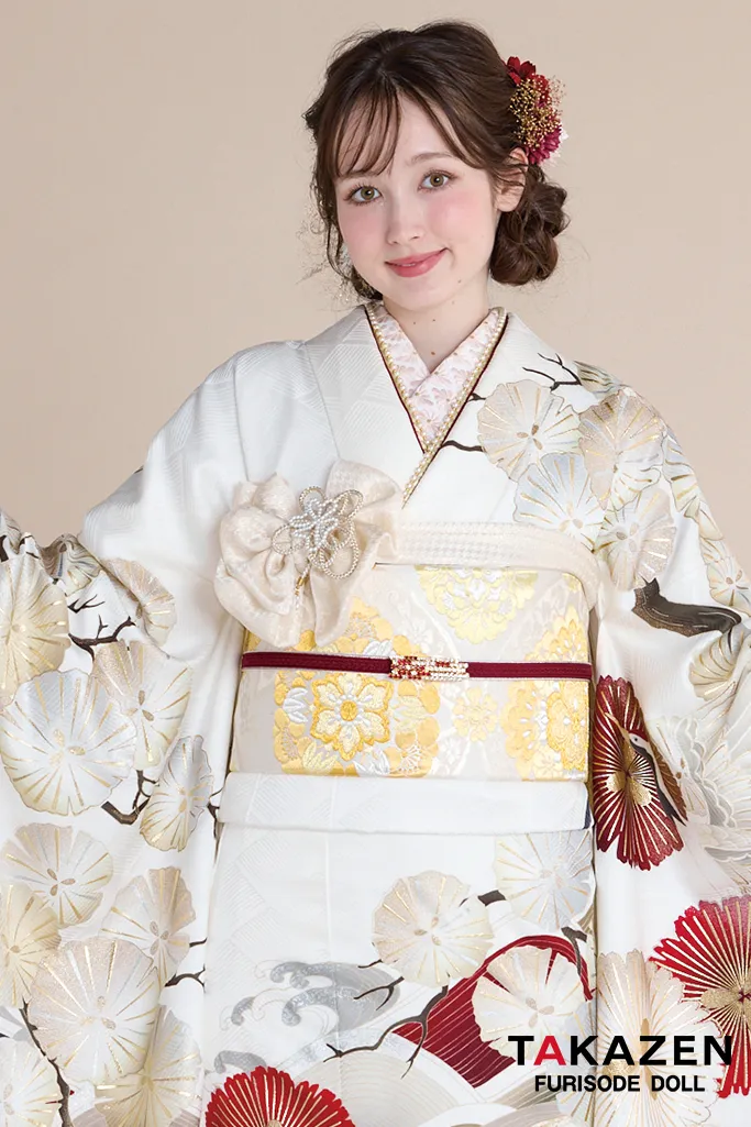 正統派古典 白地/赤 鶴柄/波模様 清楚 おめでたい きれい 大人っぽい