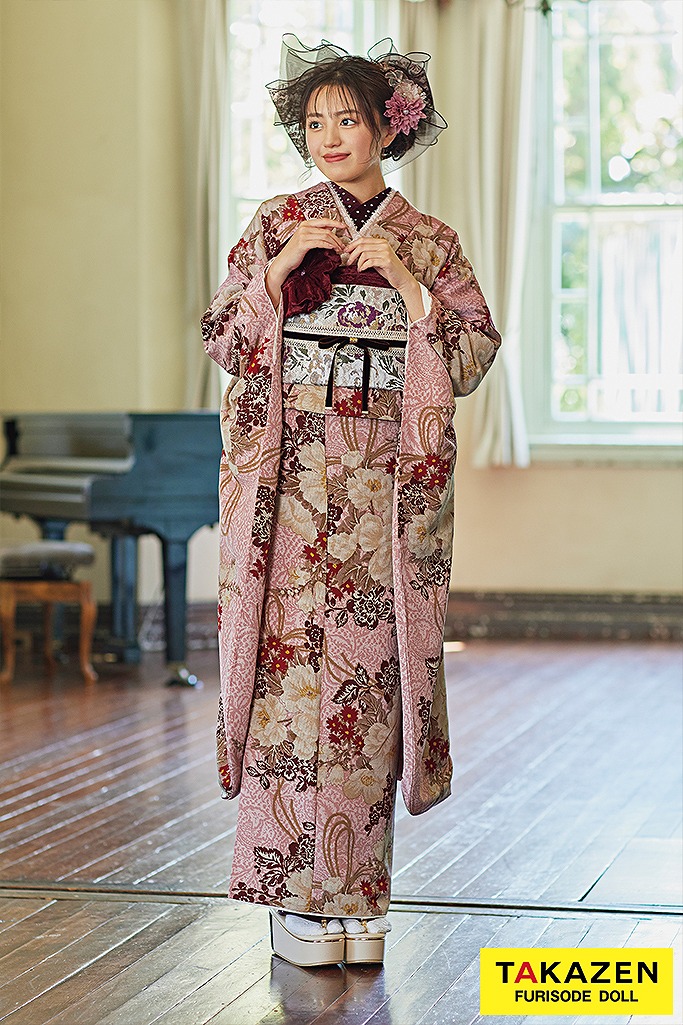 くすみカラーレトロ ダスティーピンク/ピンクベージュ 椿柄 ガーリー