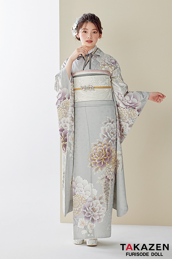 くすみカラー古典 淡い色/薄グレー/ニュアンスカラー 牡丹柄 綺麗な