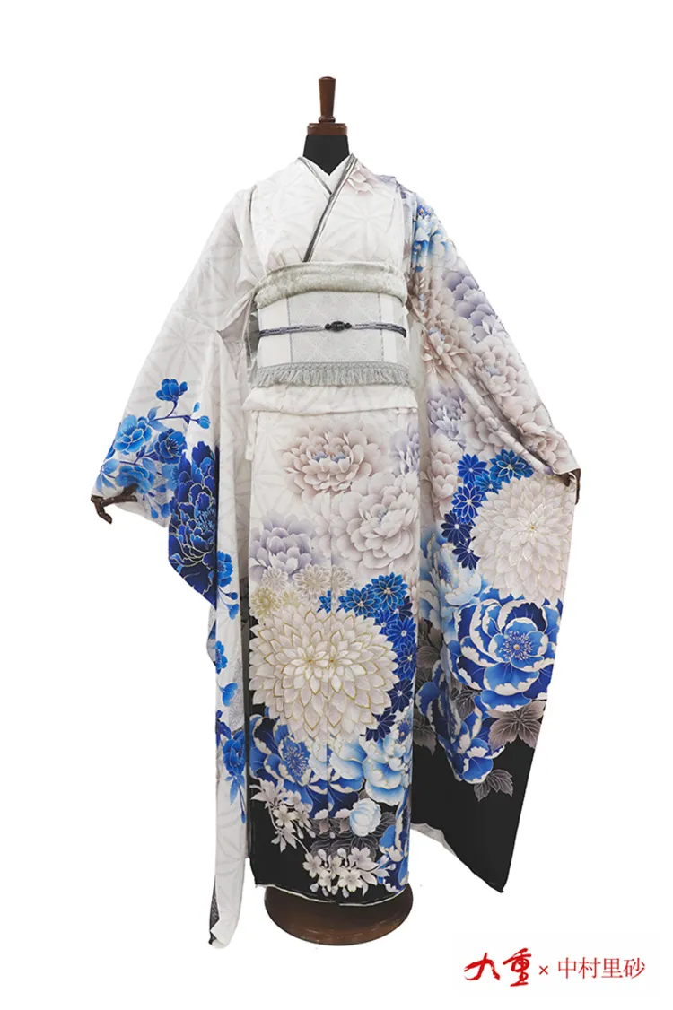 九重×中村里砂ブランド振袖ネットレンタル 白青 菊柄 大柄 きれいめ