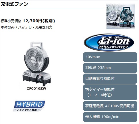 タナカ金物プロ-マキタ CF001GZW 充電式ファン CF001GZW (白) 40Vmax