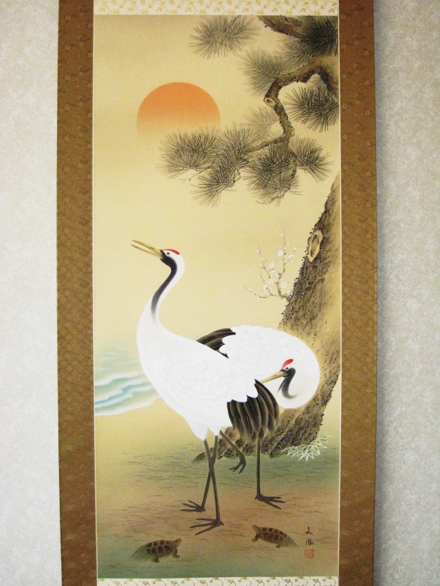 掛け軸 鶴亀◇岩田文鳳（真作・新品）尺八立