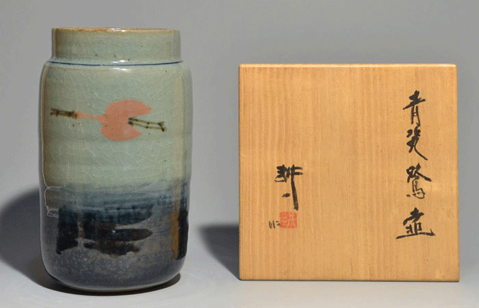 田村耕一(作) 青磁鷺絵壷 花瓶 共箱 未使用 人間国宝 和光取扱 | 古