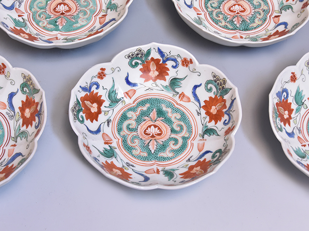 古伊万里（柿右衛門様式) 色絵唐花文桔梗形向付 5客 江戸時代元禄頃