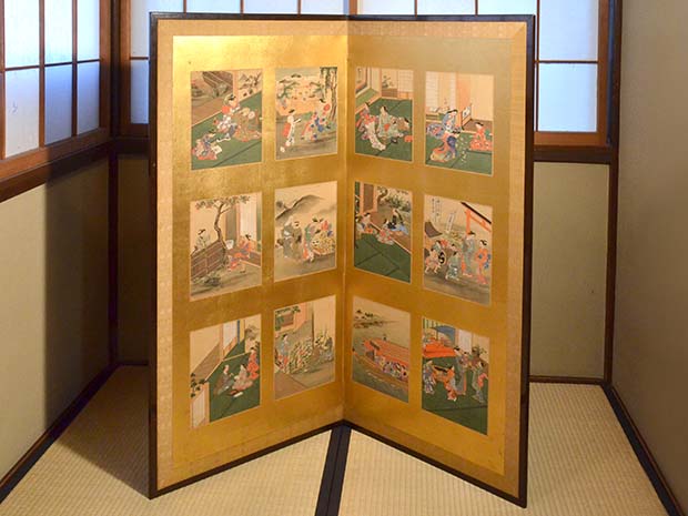 肉筆浮世絵 12ケ月12枚貼り 二枚折屏風 | 古美術ささき