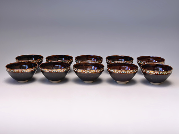 色絵天目口七宝画 数茶碗 10客 清閑寺窯 杉田祥平(作) 共箱 | 古美術ささき