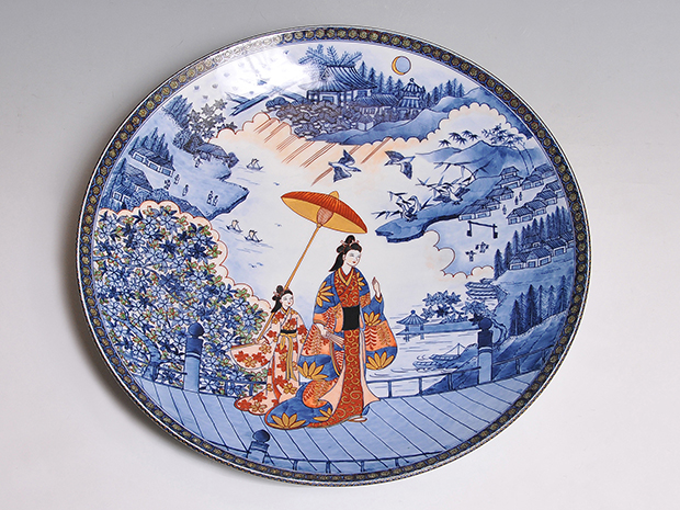大作 村上玄輝（造）染錦 橋之上絵美人図 大皿 径：47.3㎝ 共箱 | 古