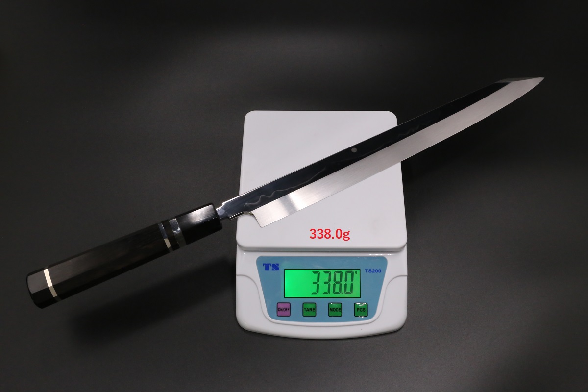 切付柳刃 白一鋼 330mm 水本焼 富士掛かり満月 両鏡面 八角黒檀柄 玄海