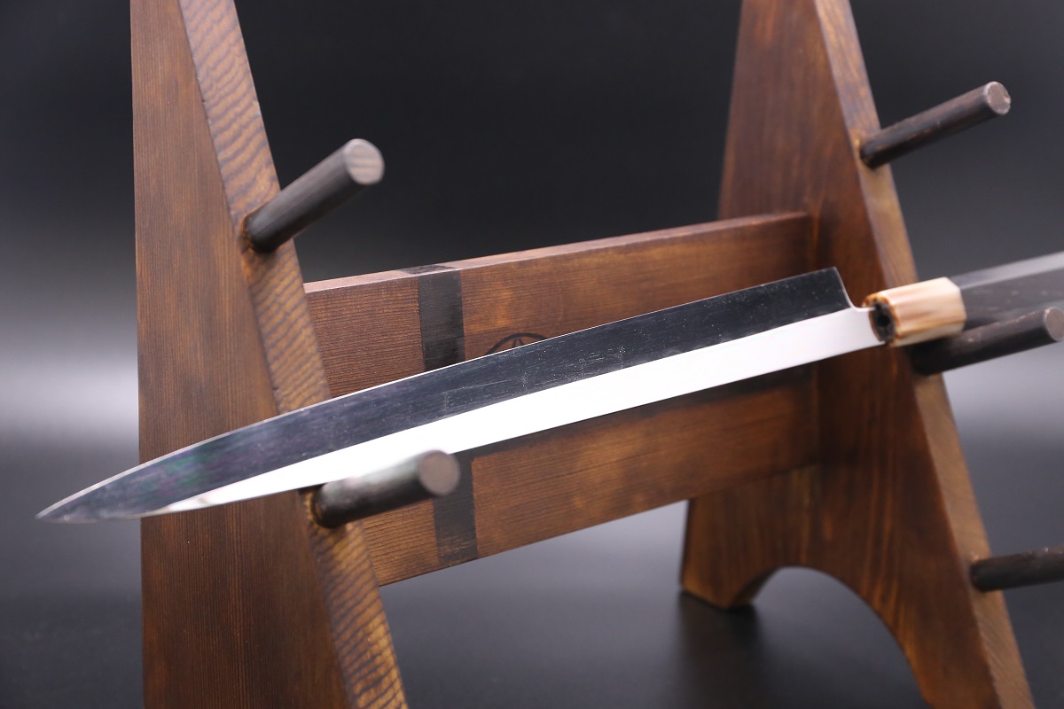 ふぐ引 青鋼 300mm 水本焼 全鏡面 八角黒檀柄 鞘付き 白木健一作-歌舞