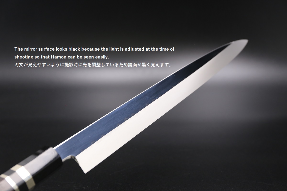 柳刃 白鋼 330mm 油本焼 表鏡面 波浮かし 黒檀柄 鞘付き 白木健一作