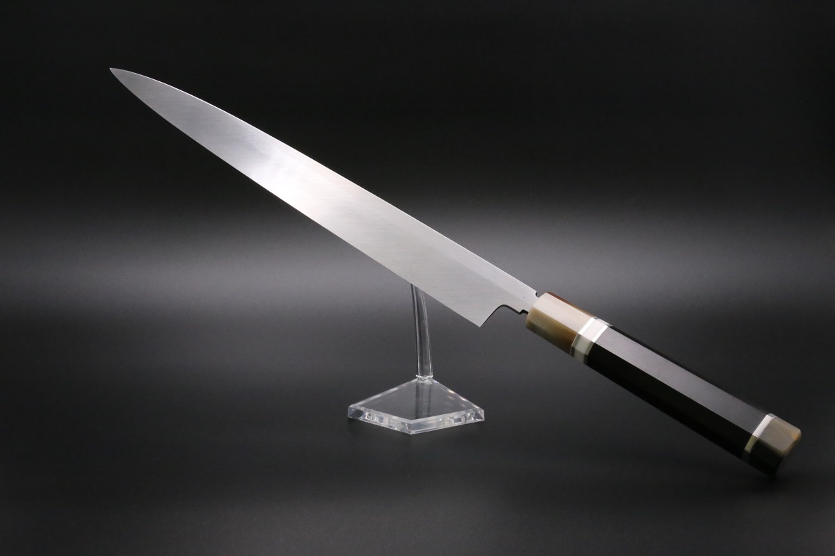 柳刃 白一鋼 330mm 水本焼 正行作 八角黒檀柄 池田辰男作-歌舞伎ナイフ