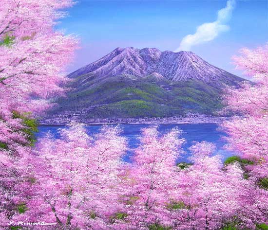 絵画 油絵 桜島の桜 （木村由記夫） 送料無料 【肉筆】【油絵】【桜絵