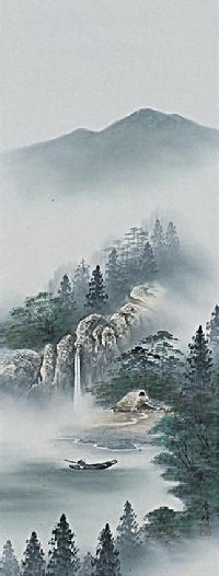 彩色山水 小栗春峰「尺五立」肉筆！ 山水画 - 掛け軸（掛軸）販売通販