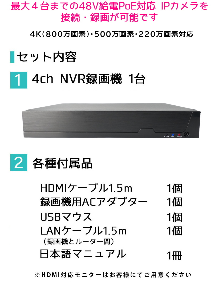 防犯カメラ用 PoE48V給電 4CH NVR録画機(選べるHDD容量) 4K(800万画素