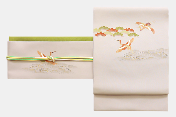 銀座【帯3672】銀座志ま亀製 塩瀬地染名古屋帯 枯野色 松鶴波文 (畳紙