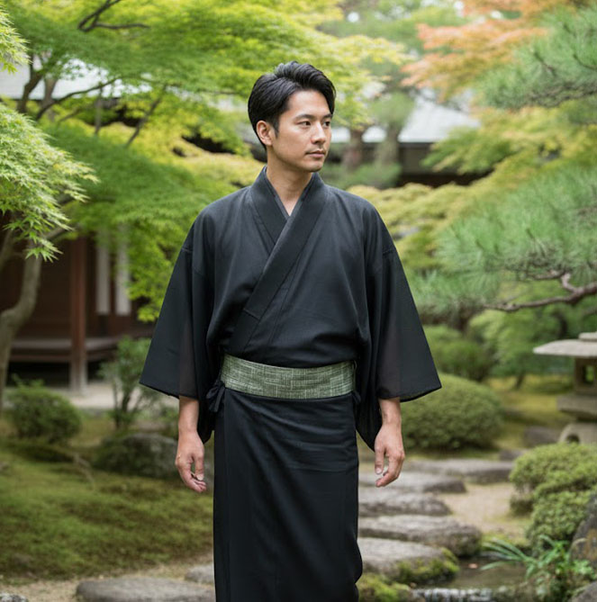 洗える着物 夏物 駒絽 色無地 男物 黒No.1