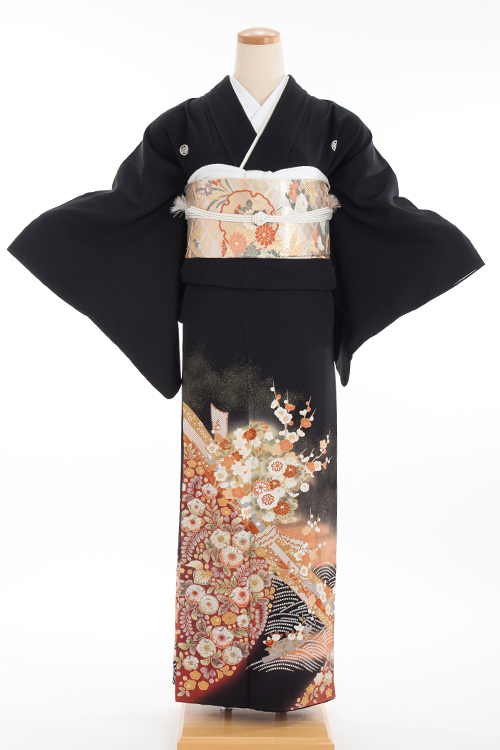 正絹 留袖 レンタル 五つ紋 125012 オレンジ系 辻が花 熨斗目