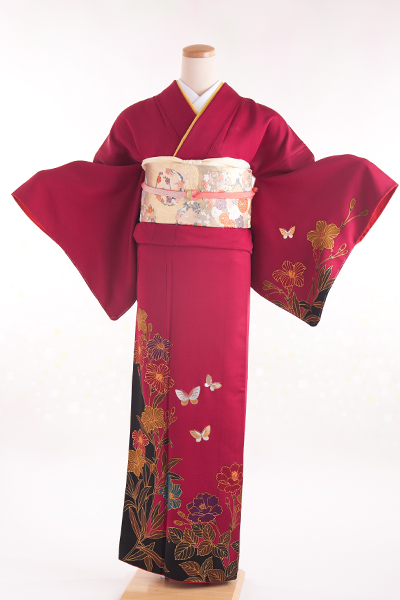 正絹 付下げ・訪問着レンタル 150055 ワイン 裾黒 蝶