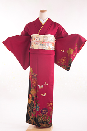 正絹 付下げ・訪問着レンタル 150055 ワイン 裾黒 蝶