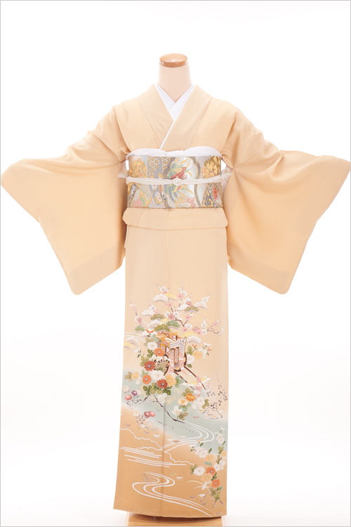 正絹 色留袖 レンタル 五つ紋 160014 ベージュ 御所車 菊