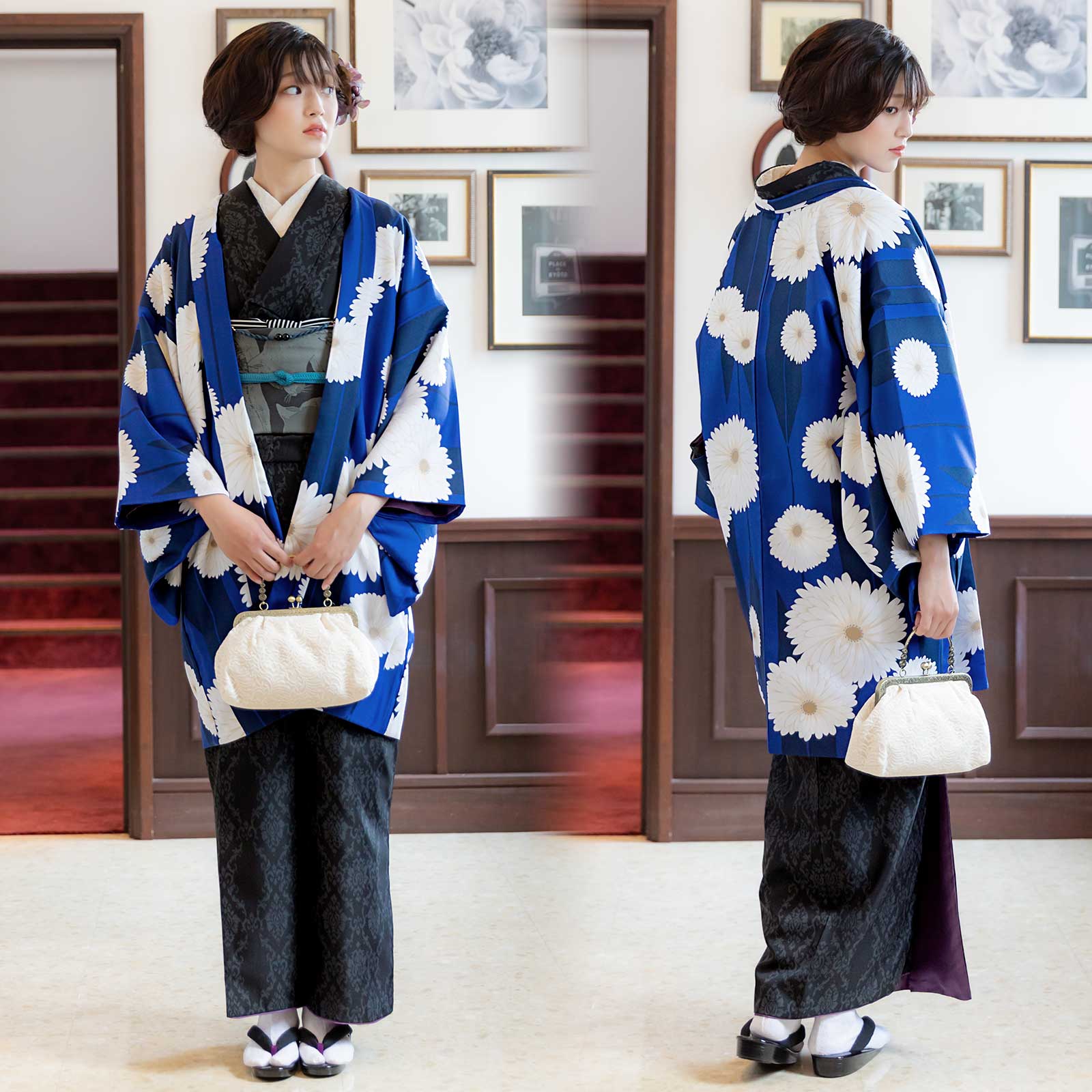 01アラベスク ブラック：KIMONOMACHI オリジナル 羽織付きセット