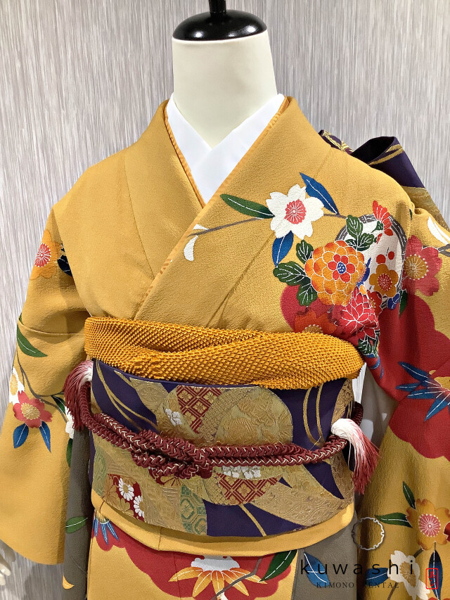 正絹振袖レンタル】 80009 からし色紅型正絹振袖袋帯セット