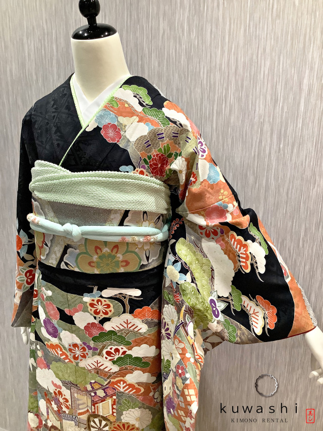 正絹振袖レンタル】 80034 黒地吉祥四季花御所車正絹振袖袋帯