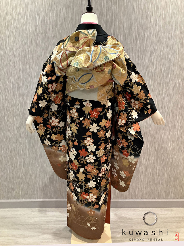 正絹振袖レンタル】 80035 ブラック/ブロンズ桜柄正絹振袖袋帯